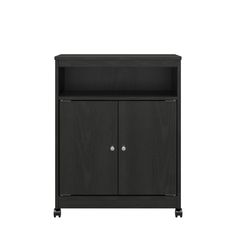 a black cabinet with two doors on the front and one door open to reveal something