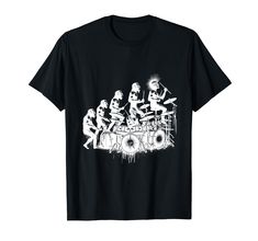 a black t - shirt with an image of people playing drums and skeletons on it