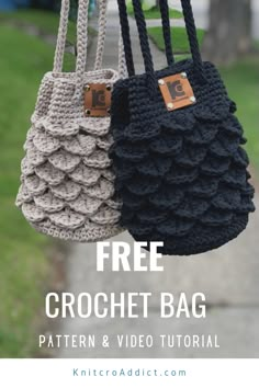 two crochet bags hanging from a tree with the text free crochet bag pattern