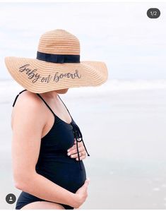 "This custom saying floppy beach hat is sure to impress your friends whether it's for a baby announcement, baby moon or just a fun day at the pool/beach! Hat Details: - Black writing and black ribbon band with a bow. - 15 in wide (~4.5 brim) - Wording is adhered with custom cut premium permanent vinyl (not embroidered aka no thread used) - One size fits most - this hat fits about 22\" head ----------------------------------------------------------------- SHIPPING All orders are shipped via USPS Beach Babymoon, Bachelorette Hats, Baby Moon, Floppy Beach Hat, Beach Weekend, Baby On Board, Black Writing, Girl Boss Style, Babymoon