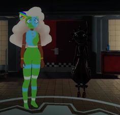 an animated image of a woman standing in a room with a cat on the floor