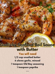 an advertisement for garlicky seafood boil sauce with butter