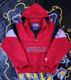 Vintage 1990s Chicago Bulls Starter Pouch Jacket  In good condition  Small hole Light wear front letters 9/10 Large 28 x 28.5 Pit to Pit Item #4W58 90s Winter Sports Outerwear, 90s Winter Outerwear For Sports Events, Retro Sport Coat With Pockets For Streetwear, 90s Style Winter Windbreaker For College, 90s Style Winter Windbreaker, Vintage Windbreaker With Pockets For Streetwear, Vintage Hooded Sport Coat For Streetwear, Nba Bulls, Cute Nike Outfits