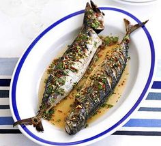 two fish sitting on top of a white plate