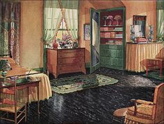 a painting of a bedroom with green walls and wooden furniture, including a dresser in the corner