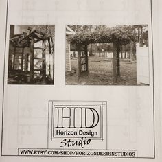 an advertisement for the horizon design studio, with pictures of trees and buildings in black and white