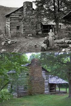 an old and new photo of people in front of a log cabin on the side of a hill