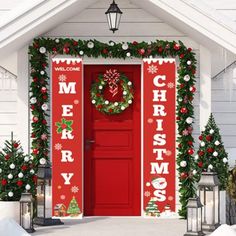 a red door decorated with christmas decorations and wreaths