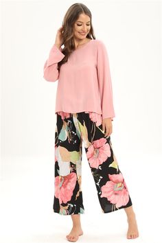 Casual Long-Sleeved Trousers Rayon Pajama Suit: Women's Home Wear Casual Floral Print Sets With Long Sleeves, Spring Two-piece Long Sleeve Sets, Summer Workwear Viscose Sets, Summer Workwear Sets In Viscose, Summer Viscose Workwear Sets, Casual Long Sleeve Pant Set For Spring, Pink Long Sleeve Pant Set For Spring, Floral Print Long Sleeve Loungewear Pant Set, Long Sleeve Floral Print Loungewear Pant Set