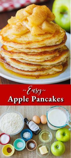 pancakes are stacked on top of each other with apples in the background and ingredients to make them