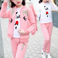 3-piece Swallow Pattern Coat & Sweatshirt & Pants for Girl - PrettyKid Cotton School Sets For Fall, Pink Cotton School Sets, White Matching Sets For Spring, Spring Matching White Sets, Pink Matching Set For Fall, Casual Pink Fall Sets, Pattern Coat, Coat Patterns, Boy Shorts