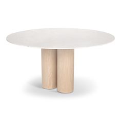 a white table with two wooden poles on it's legs and an oval top