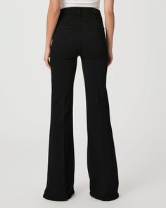 Charlie is our largest flared silhouette with the highest rise. Cut from TRANSCEND denim in our best-selling black shadow wash with an angled waistband, and angled front pockets, this style is luxuriously soft with plenty of stretch and recovery to give it a flawless fit from morning to moonlight. | Charlie Flare Jean - Black Shadow | Size 26 Elegant High Rise Flare Jeans For Fall, Chic Black Jeans, Classic Black Flare Jeans, Elegant Flare Denim Bottoms, Elegant Flared Denim Bottoms, High Waist Black Denim Flares, Chic Flare Jeans For Workwear, Classic Black Flare Jeans For Spring, Chic Flare Pants With Five Pockets