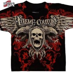 Brand New With Tags Affliction Xtreme Couture Short Sleeve T-Shirt In Toddler Size 2t. Black With Red And Ivory Graphics Both Sides. Super Rare!! Msrp $34. Proudly Made In Usa! Red Affliction Shirt, Emo Tops, Screaming Skull, Affliction Clothing, Affliction Shirts, Affliction Shirt, Red And Black Shirt, Red Clothing, Xtreme Couture