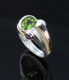 Sterling Silver 18K Gold Peridot and by CavalloFineJewelry on Etsy Amethyst And Peridot, Sterling Silver Promise Rings, Jewelry Quotes, Fashion Jewelry Sets, Expensive Jewelry, Peridot Ring, Metal Work, Unisex Jewelry, August Birth Stone