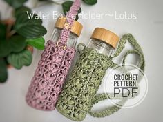 two crocheted water bottles sitting next to each other