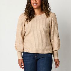 Embellished with a faux pearl design, this Liz Claiborne women's pullover sweater will effortlessly elevate your cold-weather wardrobe. Made from soft, ribbed stretch-knit, it has a crew neckline, blouson long sleeves, and ribbed trim. It's a versatile piece to wear with everything from jeans to tailored skirts.Closure Type: Pullover HeadFit: Classic FitNeckline: Crew NeckSleeve Length: Long SleeveSleeve Style: Fitted SleeveApparel Length: 25 InchesFiber Content: 63% Acrylic, 37% PolyesterFabric Small Sweater, Long Sleeve Pullover Sweater, Pearl Design, Pullover Sweater Women, Liz Claiborne, Long Sleeve Pullover, Grey Sweater, Pullover Sweater, Crew Neckline