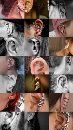 many different types of ear piercings in black and white photo with multiple images of them