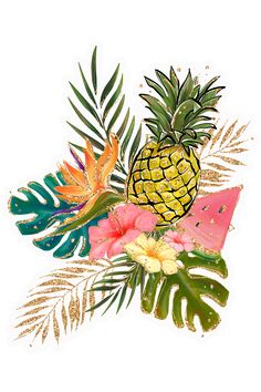 a pineapple surrounded by tropical leaves and flowers