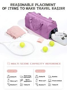 the contents of a travel bag and tennis racket are shown in this advert