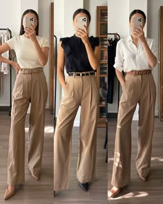 Beige Pant Work Outfits, High Waisted Cream Pants Outfit, Tan Tapered Pants Outfit, Casual Work Outfits Beige Pants, Beige Pants Business Outfit, Beige Trouser Pants Outfit, High Waisted Tan Pants Outfit, Tan Pants Casual Outfit, Beige Dressy Pants Outfit