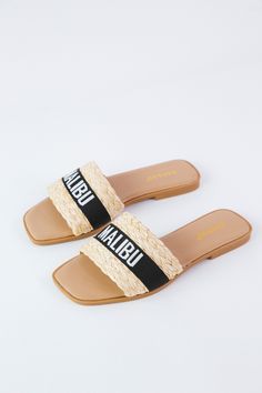 Step into playful style with the Hint 65 Raffia Word Band Sandal. The raffia material strap adds a touch of quirkiness, while the square toe provides a unique twist. Easy to slide on, this sandal is perfect for any casual look. General Info: Raffia Material Strap Square Toe Slide On Sandal Manmade Materials Imported Beach Sandals With Square Toe, Synthetic Square Toe Sandals For Vacation, Trendy Woven Beach Sandals, Trendy Woven Sandals For Beach, Adjustable Square Toe Sandals For Beach, Trendy Square Toe Beach Sandals, Square Toe Synthetic Sandals For The Beach, Beach Black Sandals With Woven Detail, Black Woven Sandals For Vacation