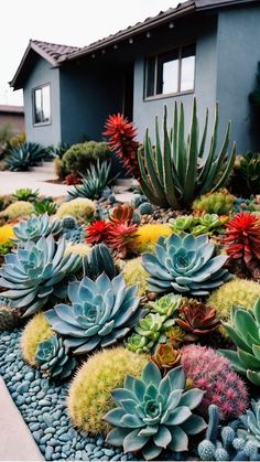 an assortment of succulents and plants in front of a house with gravel