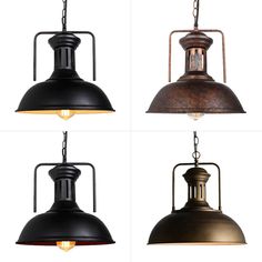 four different types of pendant lights hanging from the same light fixture, each with an iron frame