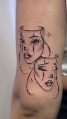 a woman's face with two faces on her arm and one behind her head