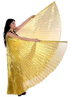 a woman in a yellow dress is holding a large gold pleated fan over her shoulder