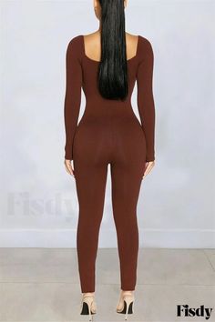 Fisdy - Solid Basic V-Neck Skinny Jumpsuits in Brown Fashion: The Ultimate Choice for Casual Wear Womens Jumpsuits Casual, Style Désinvolte Chic, Jumpsuit Casual, Jumpsuit Online, Style Noir, Navy Fashion, Casual Jumpsuit, Jumpsuit Fashion, Navy Women