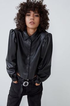 Black Leather Button-up Top, Black Leather Collared Top, Black Faux Leather Long Sleeve Top, Chic Black Collared Leather Jacket, Trendy Long Sleeve Faux Leather Top, Trendy Faux Leather Long Sleeve Top, Fitted Leather Button-up Top, Edgy Faux Leather Tops For Fall, Black Faux Leather Button-up Jacket