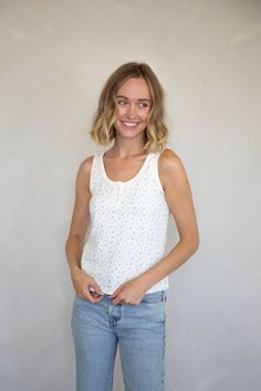 Waffle-knit henley tank top. - Sizing: Model is 5'8", wearing a size S - Content: 65% Cotton, 35% Polyester Care: Handwash recommended Imported Dress Home, Waffle Knit, Lookbook, Light Blue, Tank Top, Tank Tops, Knitting, Dresses, How To Wear