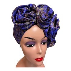 This beautiful headscarf is made from  Damask Brrocade. Suitable for all season.  Great for Wedding parties, church and other special occasions Style - Pre-styled  Auto Gele Headscarf  Ready to wear. This fashion turban is designed with comfort and style in mind, it is easy to wear, no tying involved, wear on your head like a hat and you are ready to go. This Auto Gele Head tie is versatile, and it compliments every outfit.  Care: Dry clean  Ready to wear No tying, No pining, No hassle  Size - O One Size Party Headscarf Headband, One Size Party Headband Headscarf, Fitted Purple Turban For Parties, Purple Fitted Turban For Parties, Adjustable Purple Headwrap For Party, Adjustable Purple Headwrap For Parties, Fitted Purple Party Turban, Traditional Party Headwrap One Size, Elegant Blue Headscarf