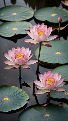 three pink water lilies are floating in the pond