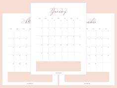 two calendars with pink and gold foil on them, one is for each month