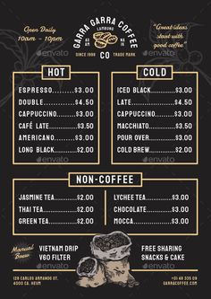 a black and gold menu for coffee shop or cafe with price list on the side