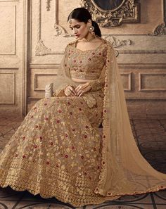 Dark Beige Designer Heavy Embroidered Net Wedding Lehenga-Saira's Boutique Designer Bridal Lehenga Choli, Indian Lehenga Choli, Designer Lehengas, Lehenga Online, Net Lehenga, Lehenga Choli Online, Red Lehenga, Bridal Lehengas, Indian Lehenga