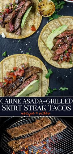 grilled steak steak tacos with avocado and salsa on the grill top