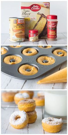 donuts are being made and then placed in a muffin tin with powdered sugar on top