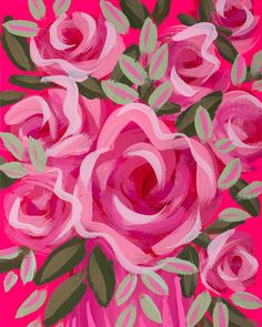 a painting of pink roses in a vase on a pink background with green leaves and stems