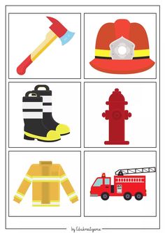 four different types of fireman's hats and boots