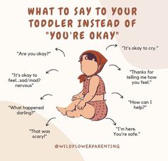 a baby sitting on the ground with words describing what to say to your todder instead of you're okay