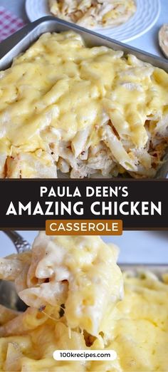 a casserole dish with chicken and cheese on it