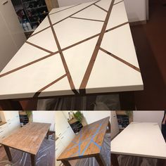 the table is being painted white and has brown lines on it, along with other pieces of furniture