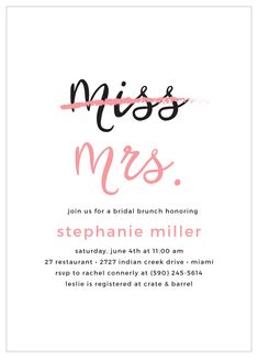 a pink and black bridal bridal party card with the words miss and mrs on it