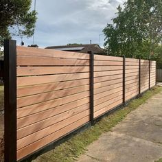 a wooden fence in front of a house with grass and trees on the other side