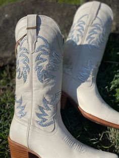 "Tecova's  Women's Cowboy Boots - perfect to dress up a boho wedding or glam cowboy boots.  I wish I had these as Bridal Cowboy Boots for my wedding, would be amazing wedding reception shoes or wedding ceremony shoes.  ** choose either pearl or crystal - color variations are available and customizations are possible please message me https://www.tecovas.com/products/the-annie?variant=38164775731395 they come in many different colors This snip toe cowgirl boot has a 2\" heel and 14\" shaft. The Annie is made from soft bovine or water-resistant suede from top to bottom. - These are soft leather. Wedding cowboy boots @Sonaichic__ on IG and TikTok @Soniachicc on FB @Soniachic on Pinterest   for more content!" Fitted White Boots For Country Events, Western Boots With Rhinestones And Snip Toe, Western Snip Toe Boots With Rhinestones, Western Style Snip Toe Boots With Rhinestones, White Embellished Snip Toe Boots, Western White Embellished Boots, Silver Fitted Boots For Wedding, Western Boots With Bling And Round Toe, Fitted Snip Toe Wedding Boots