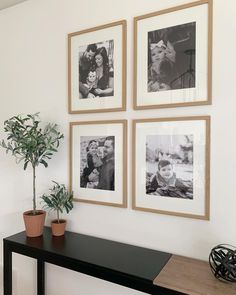 three framed pictures hang on the wall above a table with a potted plant and two photos