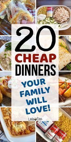 a collage of images with the words 20 cheap dinners your family will love